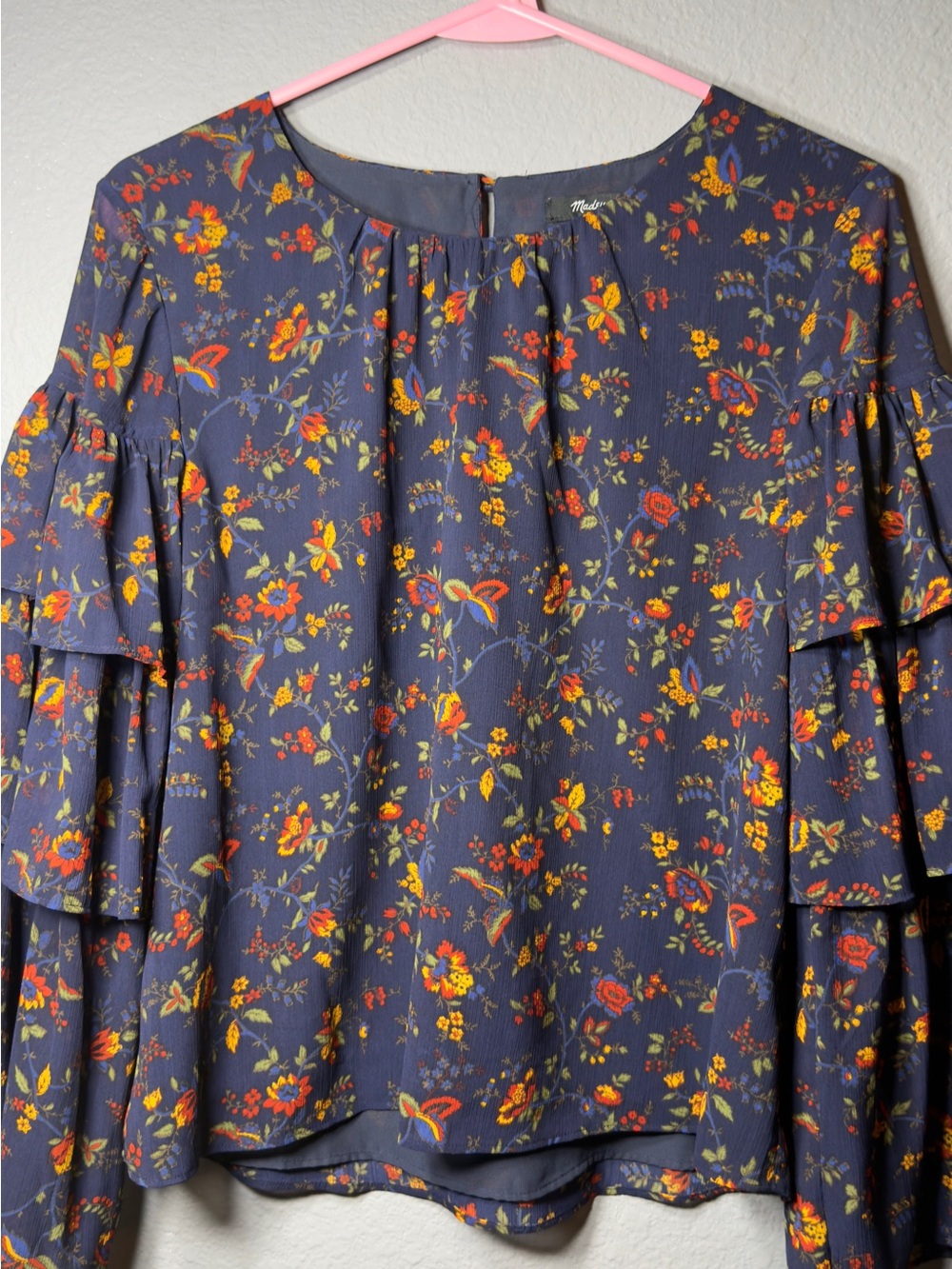 Madewell Navy Floral Tiered-Ruffle Blouse